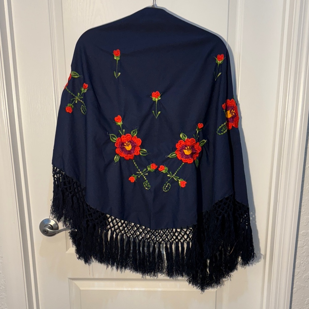 Floral Embroidered Navy Blue Shawl with Fringe Red Flowers Vintage One Size